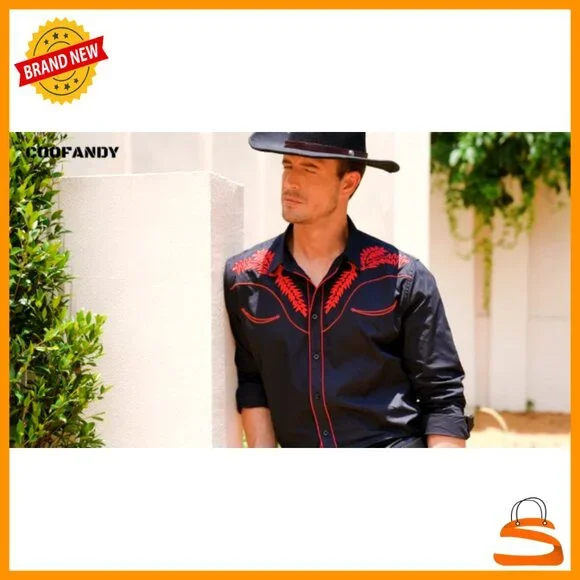 Embroidered Cowboy Shirt Long Sleeve Slim Fit Retro Western Casual Button Down